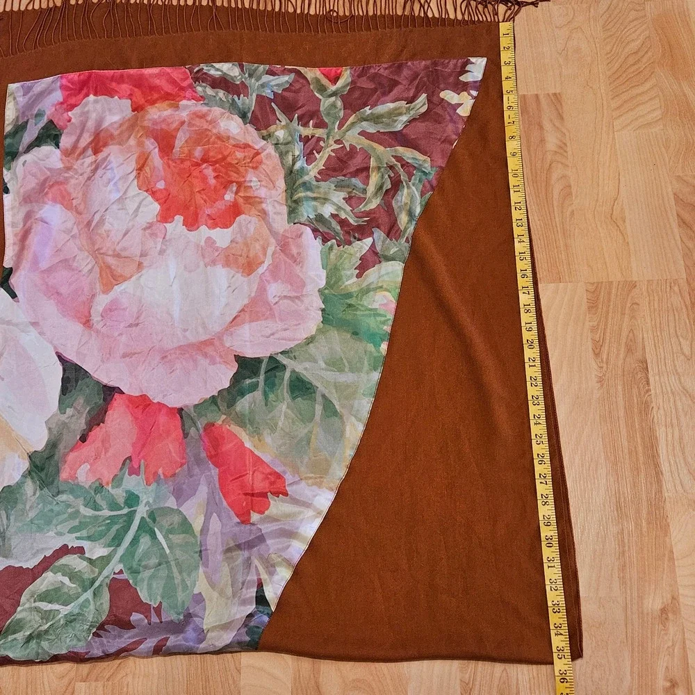 Pashmina Floral Silk Panel Shawl Wrap Womens OS Brown Fringe Made in Italy